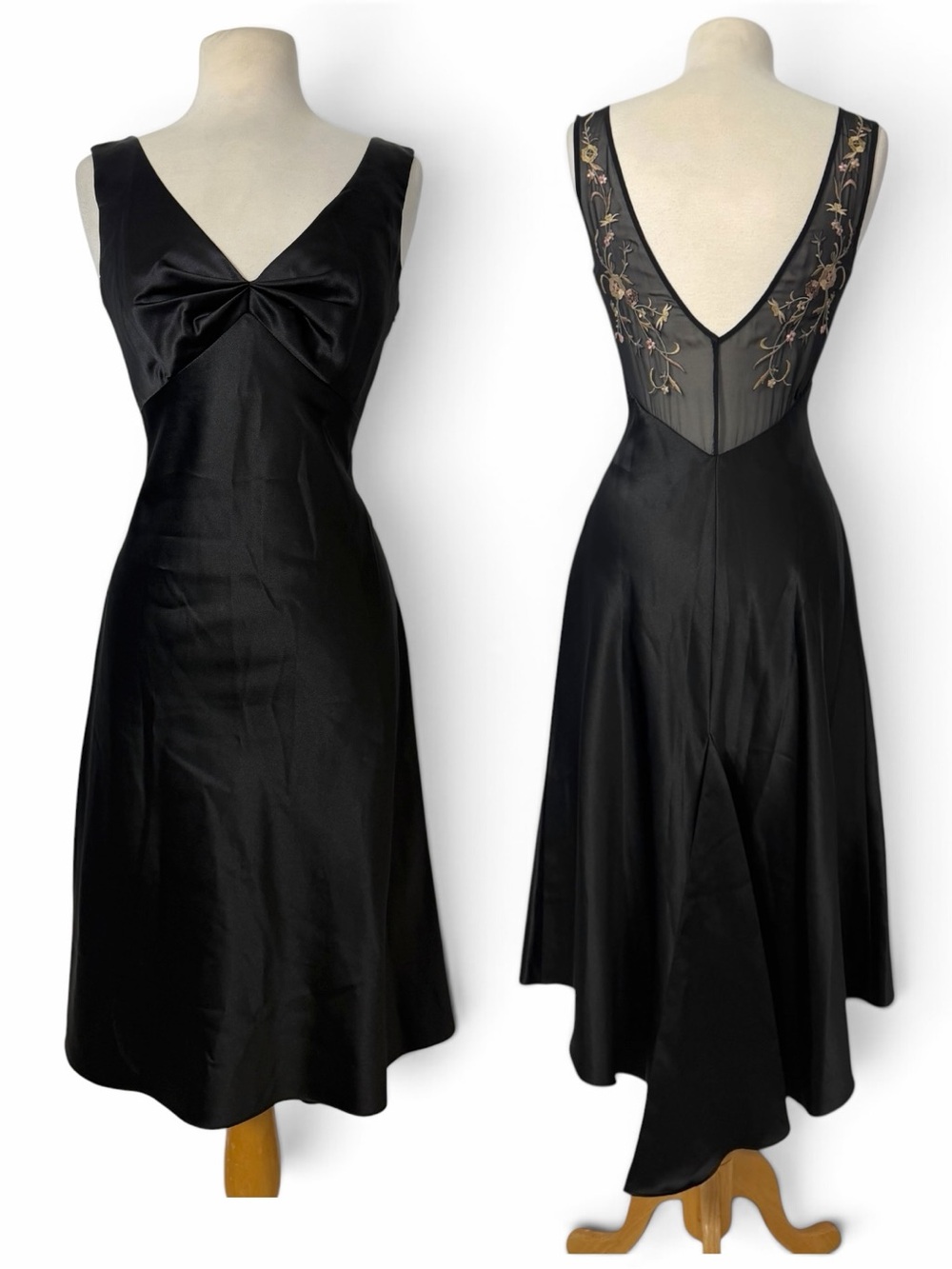 Vtg Embroidered Mesh Backless Black Satin Y2K Slip Dress Whimsigoth Prom Gown 4